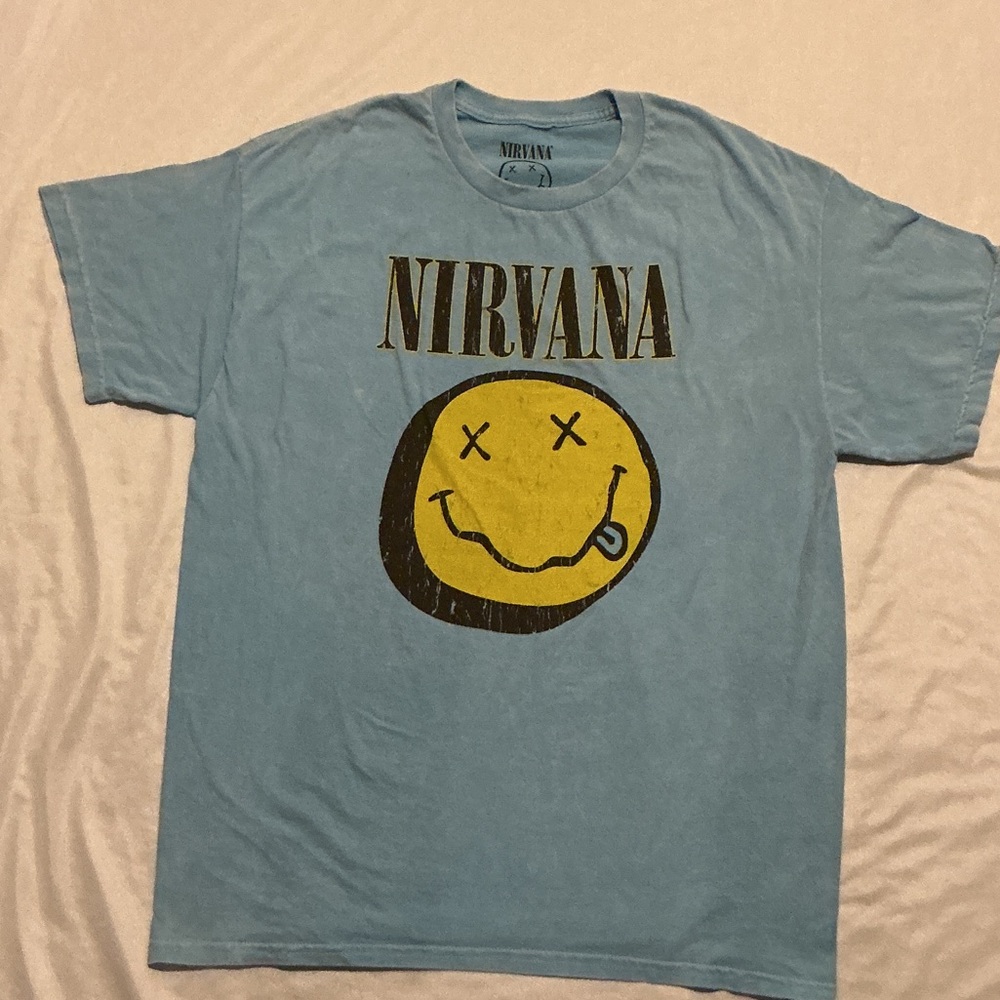 NIRVANA Distressed Sky Blue Tee Smiley Large NWOT
